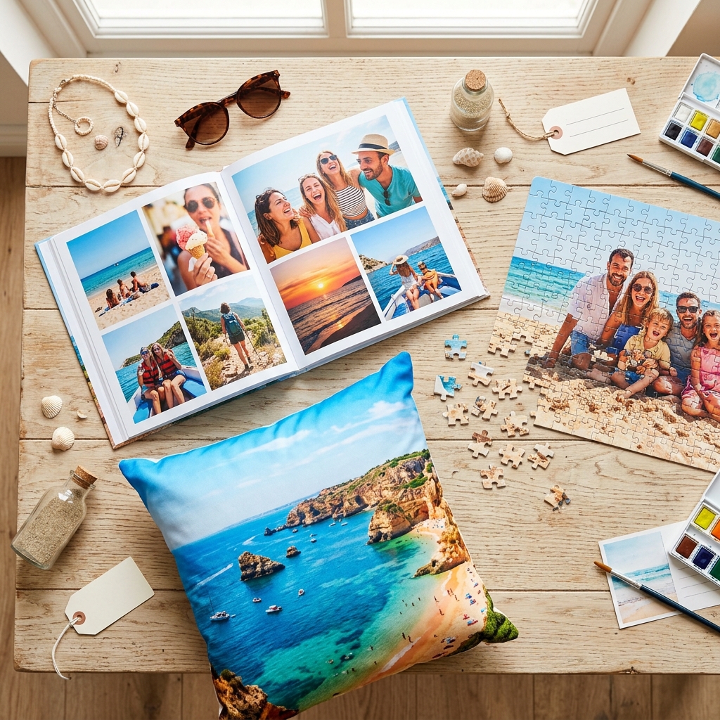 Una composición flat-lay sobre una superficie de madera clara. Se ve una colección de recuerdos de verano personalizados: un Álbum de Fotos abierto mostrando fotos de un viaje, un Fotopuzle a medio completar con una imagen familiar divertida, y un Cojín con una foto de un paisaje de costa. La composición es alegre y colorida.