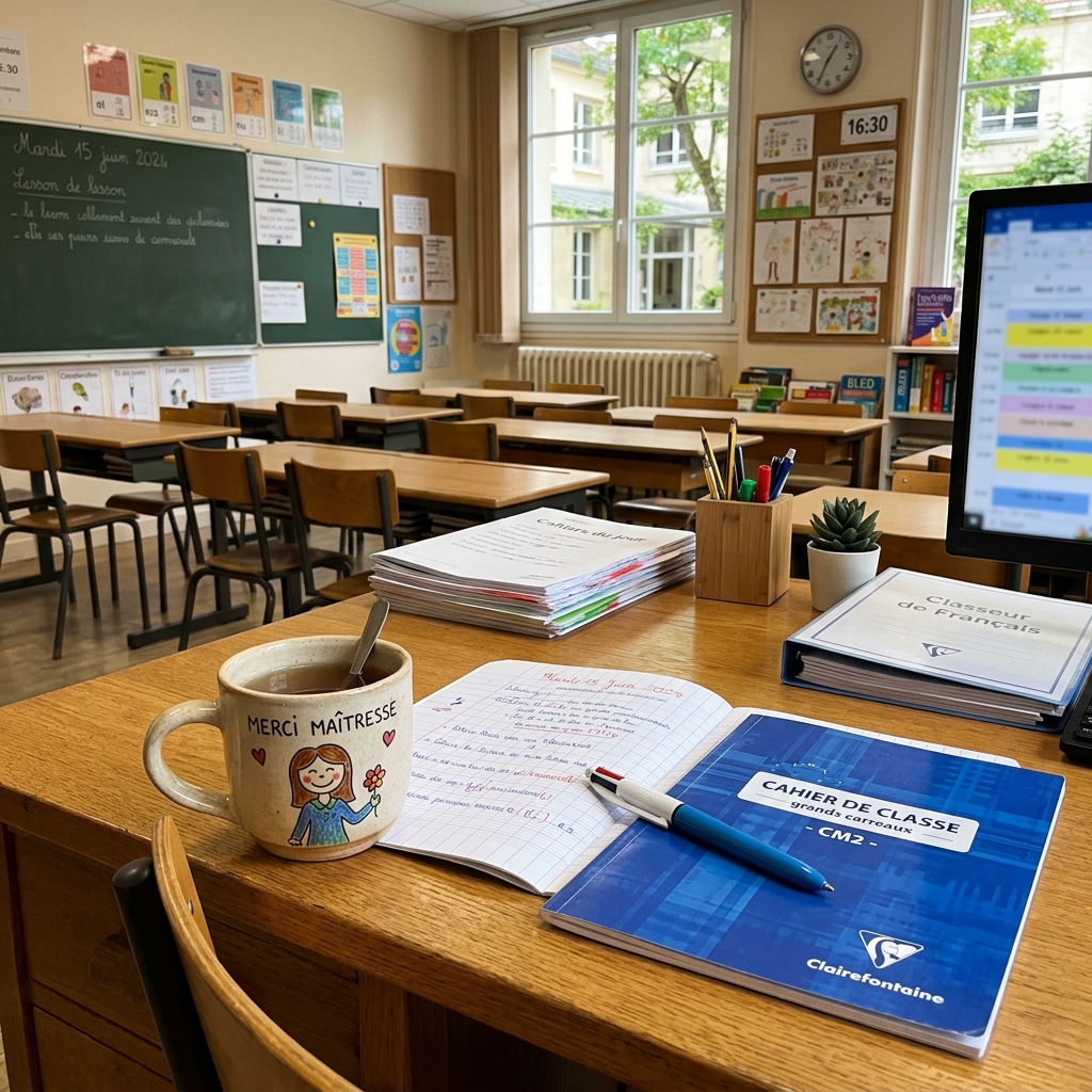 Une photo d'ambiance d'un bureau d'enseignant bien rangé dans une salle de classe française. Au premier plan, une tasse en céramique personnalisée avec un dessin d'enfant et l'inscription 'Merci Maîtresse'. À côté de la tasse, on aperçoit un cahier de la marque Clairefontaine et un stylo 4 couleurs, typiques des fournitures scolaires françaises. L'atmosphère est calme et pleine de reconnaissance.